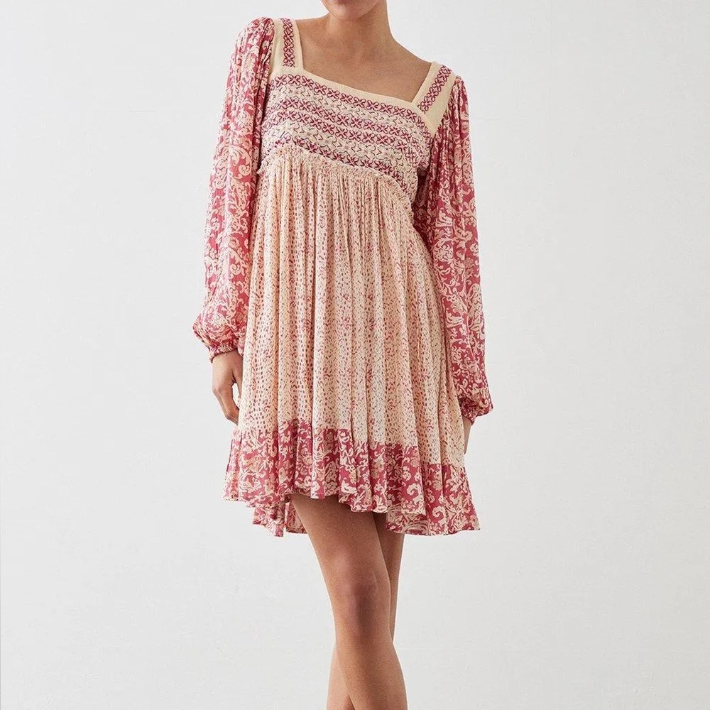 Myra Bag Heavily Embroidered Square Neck Balloon Sleeve Mini Dress boho